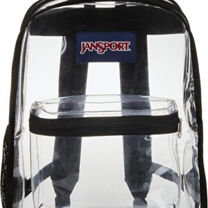 JanSport Clear Pack – 25.5L Transparent Backpack, Large Main Compartment, Side Water Bottle Pocket, Front Zippered Pocket, Mesh Bottom Panel, Clear