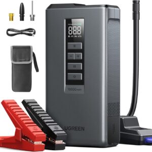 UGREEN Car Battery Jump Starter with Air Compressor 150PSI, Car Jumper Starter Portable (4L Gas/2.8L Diesel), Jump Box Car Battery with Auto-Shutoff Tire Inflator, Jumper Cables and Light