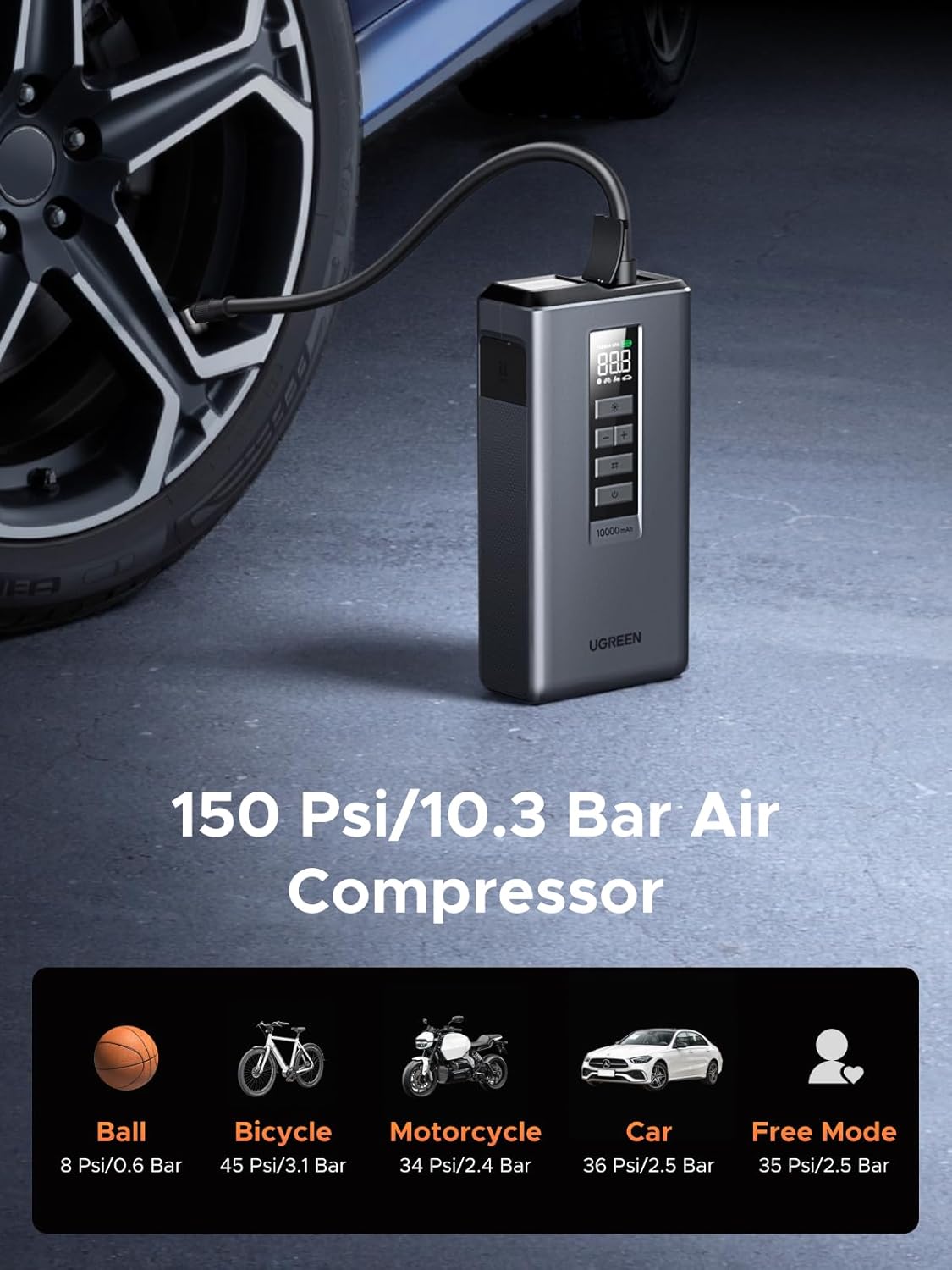 UGREEN Car Battery Jump Starter with Air Compressor 150PSI, Car Jumper Starter Portable (4L Gas/2.8L Diesel), Jump Box Car Battery with Auto-Shutoff Tire Inflator, Jumper Cables and Light - Image 4