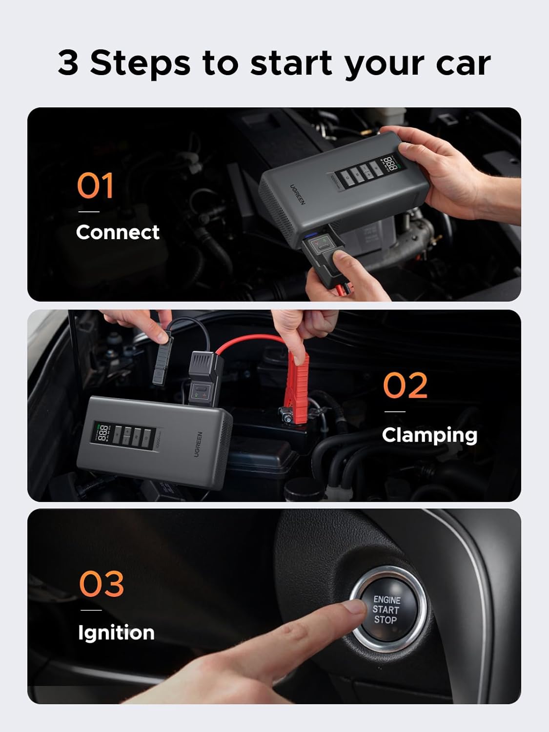 UGREEN Car Battery Jump Starter with Air Compressor 150PSI, Car Jumper Starter Portable (4L Gas/2.8L Diesel), Jump Box Car Battery with Auto-Shutoff Tire Inflator, Jumper Cables and Light - Image 6